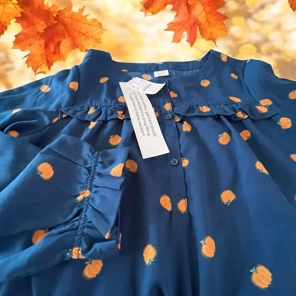 NWT J. Crew Blue Pumpkin Fall Nightdress Ruffles Girls Crewcuts Dress Size XL